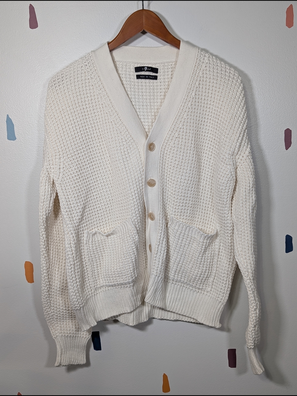 7 For All Mankind Ivory Waffle Knit Button Front Cardigan